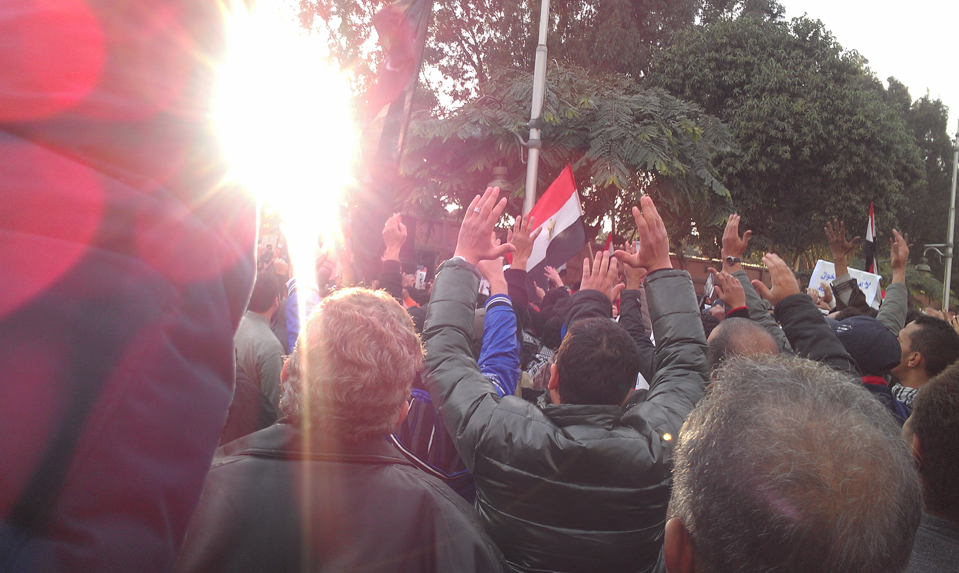 Before the clashes: many gathered outside the Presidential Palace calling for the ouster of Morsi.