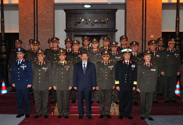 Egypt's President Morsi surrounded by top military officials following a meeting last night.
