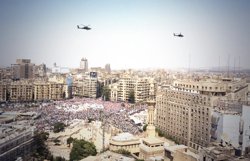 Military helicopters above Tahrir Square yesterday