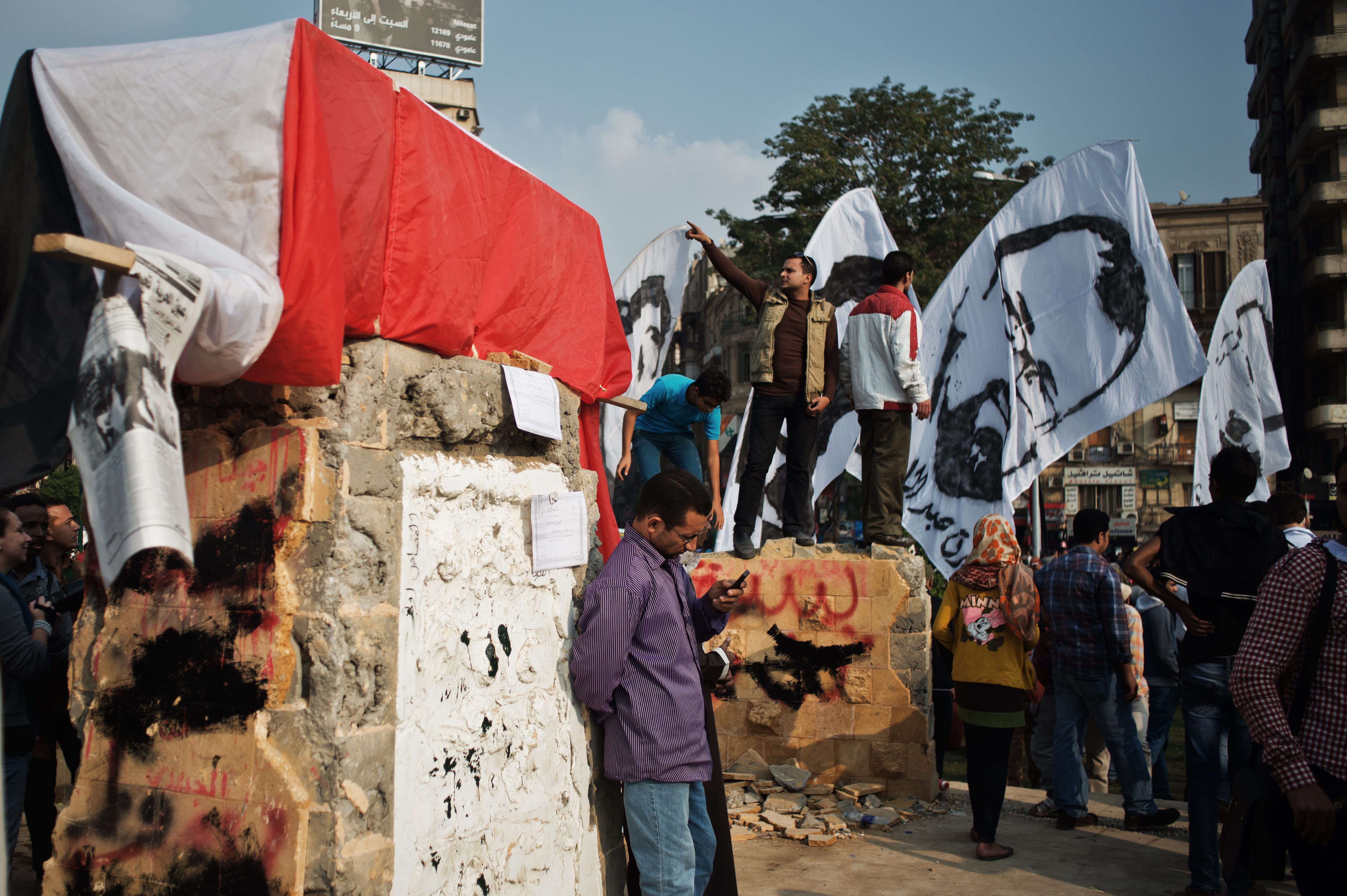 Less than 24 hours later, the Tahrir Square monument was vandalised and partly destroyed by protesters.