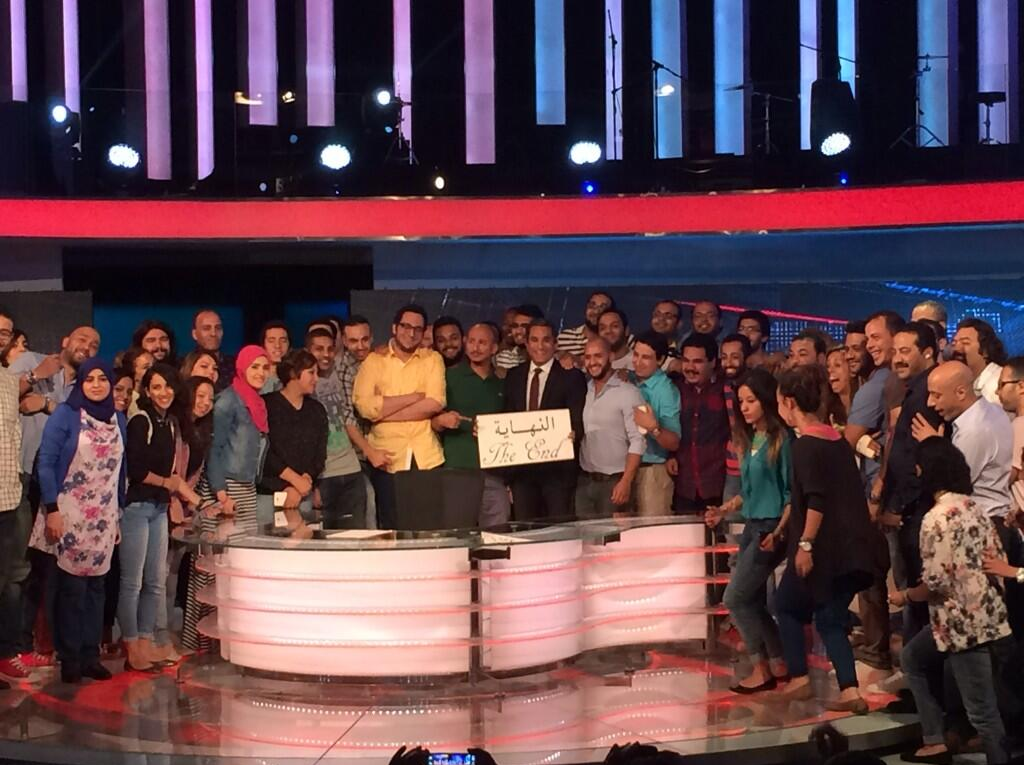 Bassem Youssef and his team announce the end of the show at a press conference