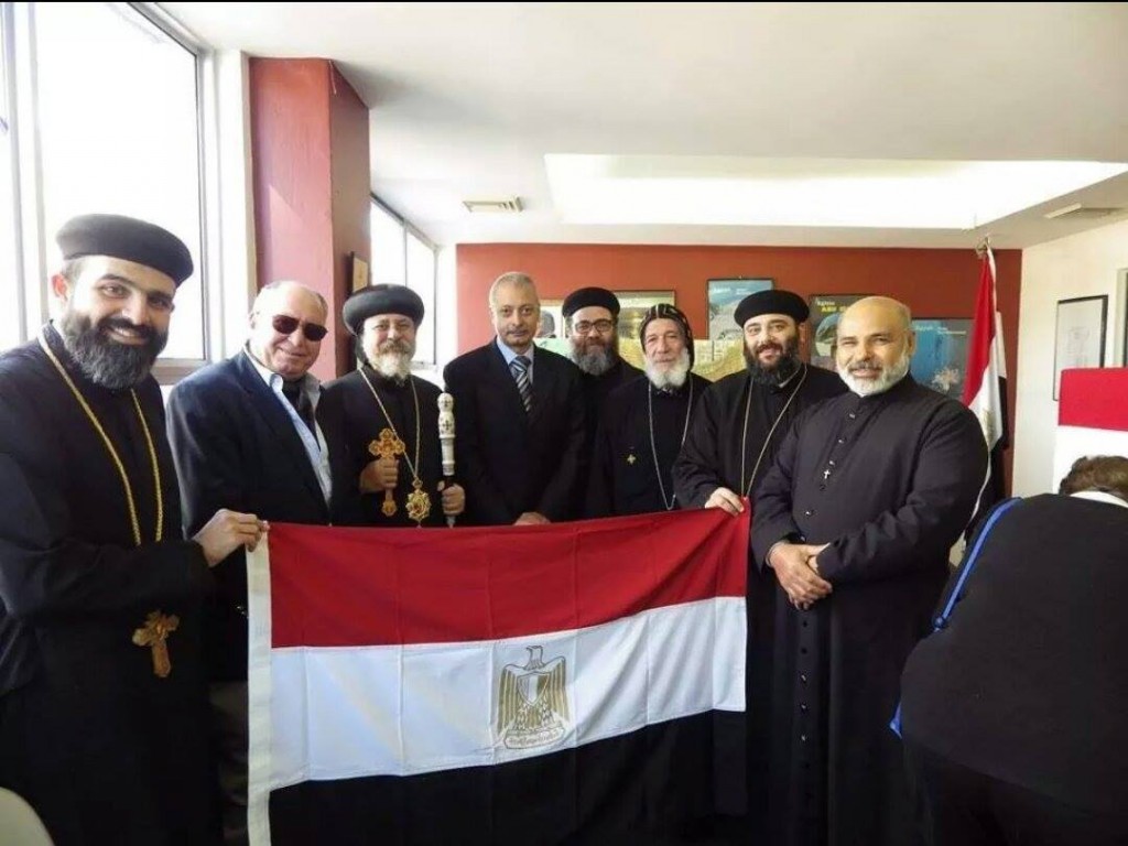 Bishop Daniel of the Coptic Orthodox Church in Sydney along with Egypt's Consul General Ayman Kamel and others.