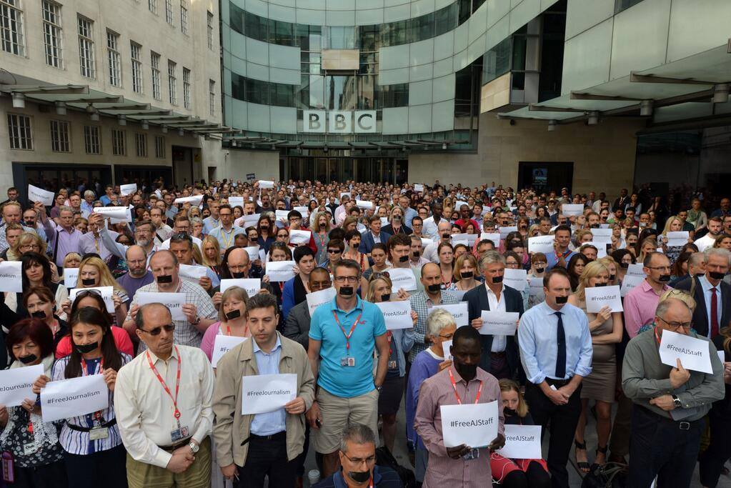 BBC network staff takes part in a Free AJ staff demonstration. Photo: BBC