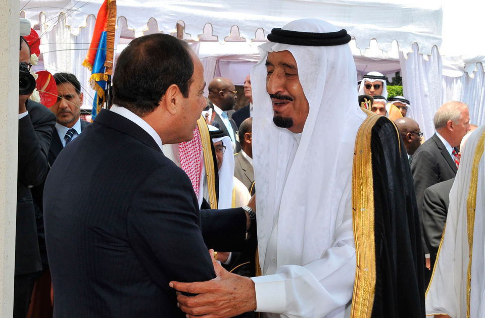 President Al-Sisi greeting Crown Prince Salman of Saudi Arabia. Photo: AP