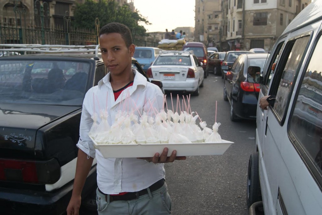 Sugar cane juice in a bag for people stuck in Cairo's tremendous traffic jams. 