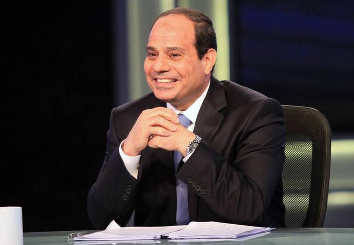 Presidential candidate and Egypt's former army chief Abdel Fattah al-Sisi talks during a television interview broadcast on CBC and ONTV, in Cairo