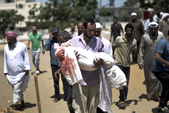 Palestinian mourners carry the body of five-year-old boy Abdallah Abu Ghazal during his funeral in the northern Gaza town of Beit Lahiya on July 10, 2014 after he was killed in an Israeli air strike.