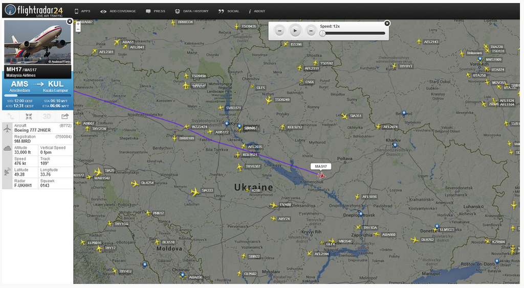 A flight tracker of MH17 which was carrying at least 295 passengers shows where it has crashed.