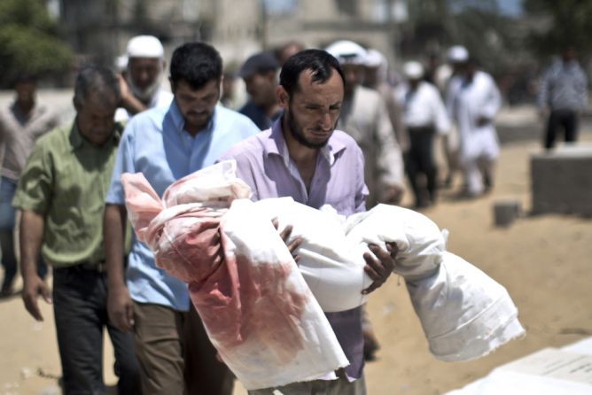 Palestinian mourners carry the body of five-year-old boy Abdallah Abu Ghazal during his funeral in the northern Gaza town of Beit Lahiya on July 10, 2014 after he was killed in an Israeli air strike. (MAHMUD HAMS/AFP/Getty Images)