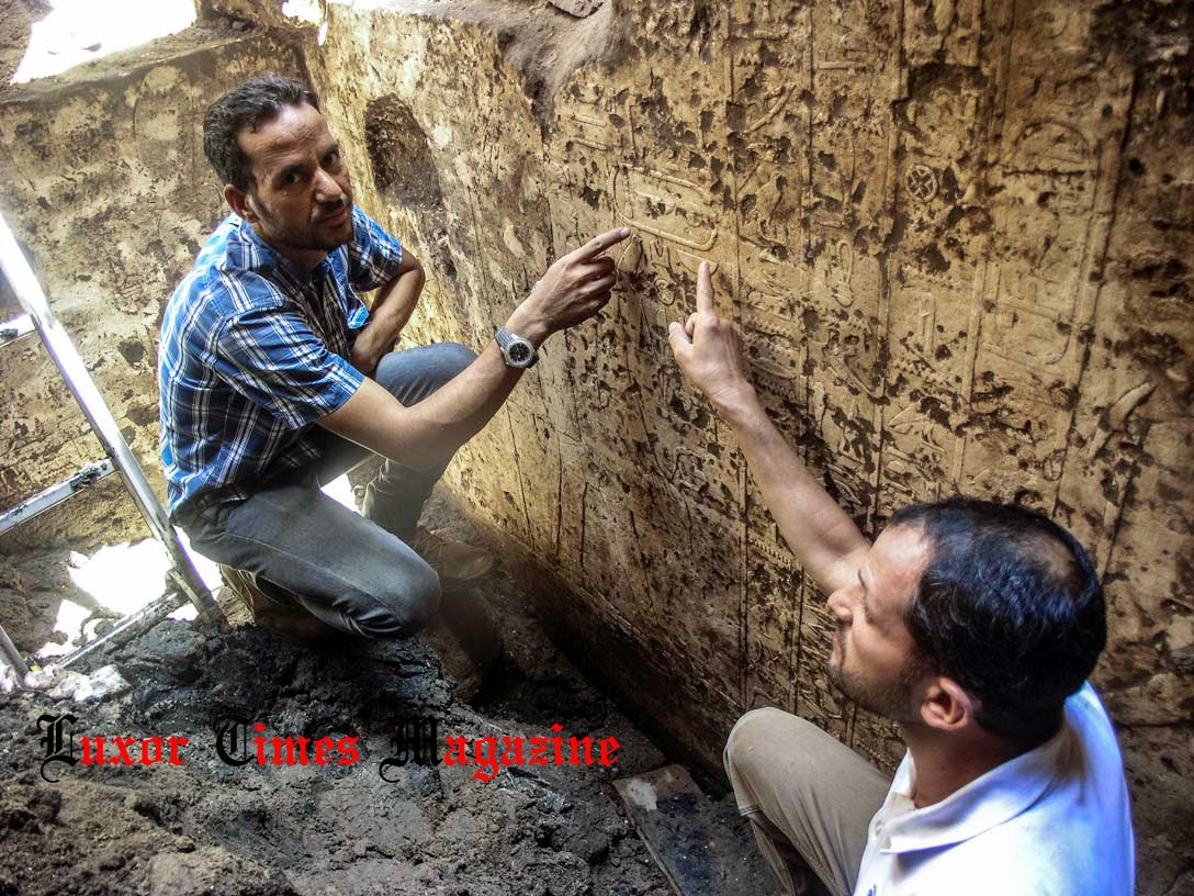 Archaeologists Ayman Damarany and Yasser Abd El Razik in the chapel. Credit: Luxor Times Magazine