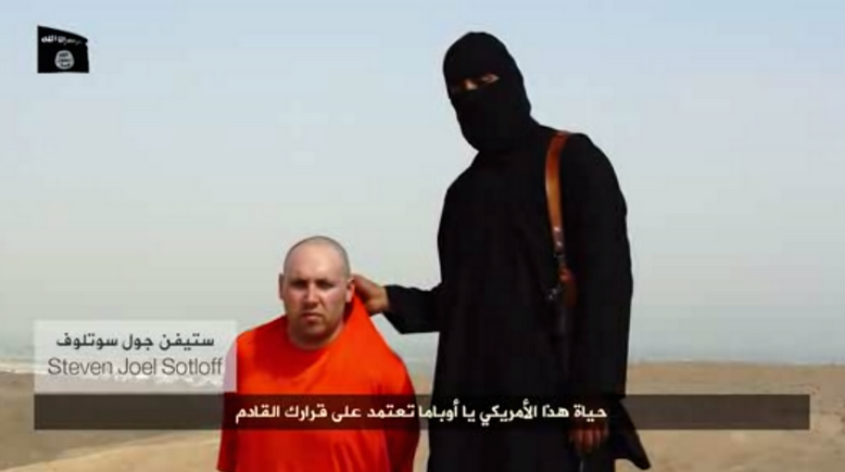 Still of another captured American journalist, Steven  Sotloff, who the hooded militant warns 'is next'