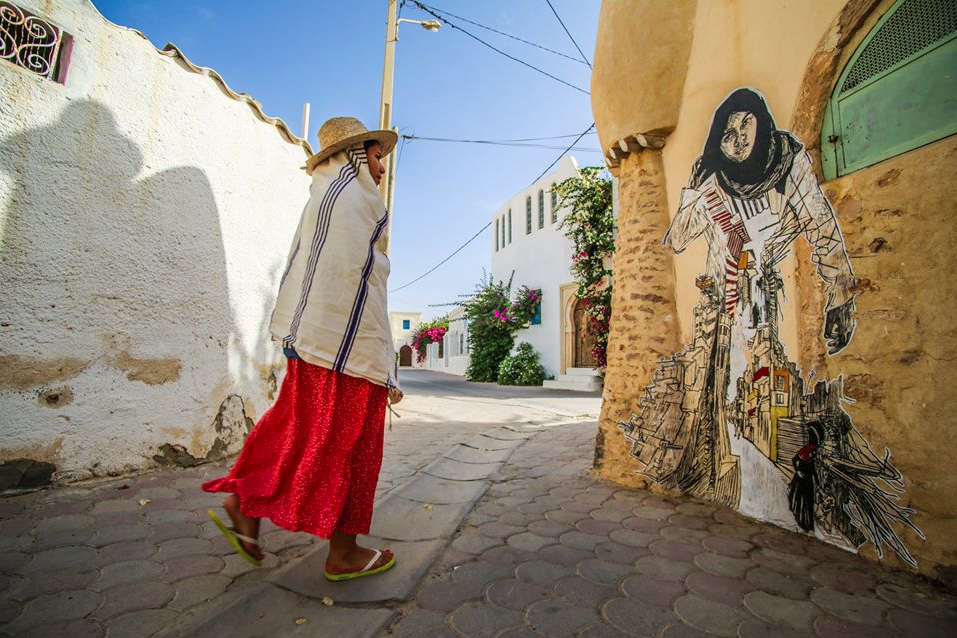 Between June and September, a group of artists come to Djerbahood, small groups of artists staying a week at a time, and work during their stay. Photo by Aline Deschamps