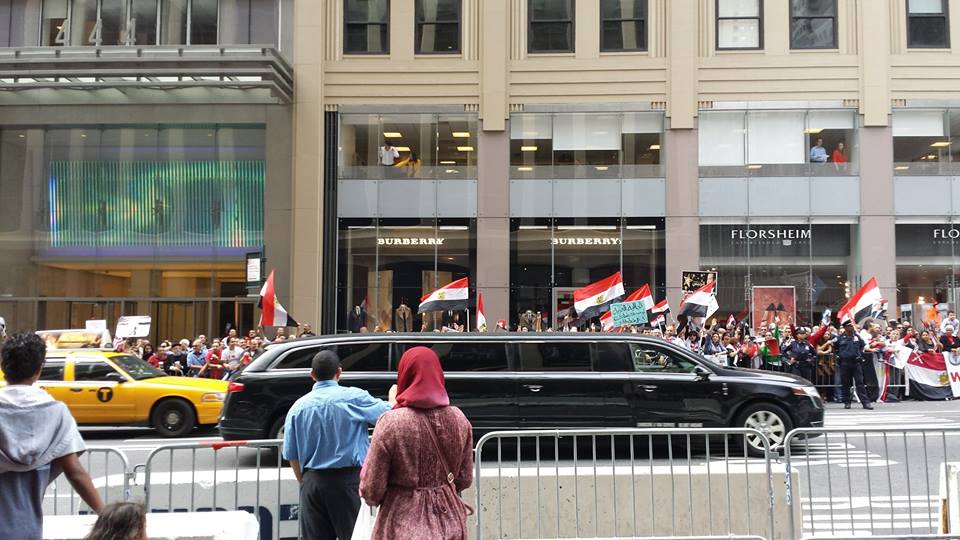 Egyptian supporters of Sisi gather outside his residence in New York to greet him following his speech at the UNGA. Credit: Gogo Wahman