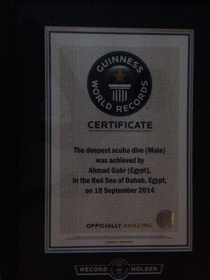 The Guinness World Records certificate awarded to Ahmed Gabr for the deepest scuba dive (Male).