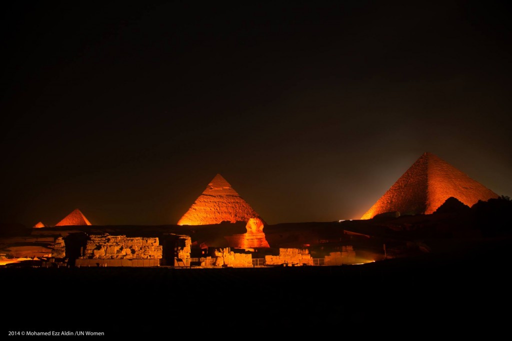 Egypt's Pyramids and Sphinx lit in orange as part of universal campaign to end GBV on Wednesday, December 10, 2014. Courtesy of UN Women in Egypt's official Facebook page.