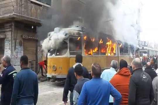 Tram in Alexandria torched.