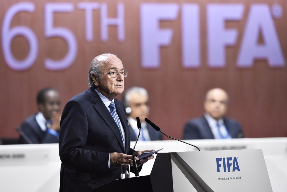 FIFA president Sepp Blatter delivers a speech at the beginning of the 65th FIFA Congress in Zurich. MICHAEL BUHOLZER / Getty Images