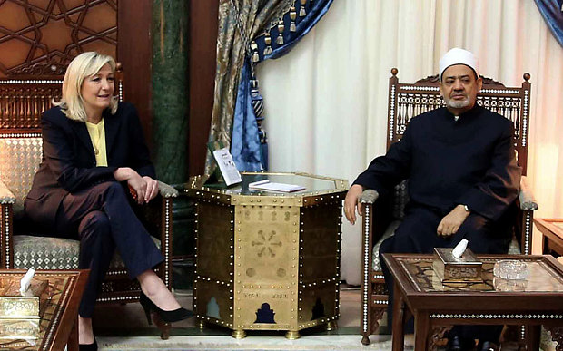 Grand Imam of al-Azhar Sheikh Ahmed el-Tayeb met with Marine Le Pen in Cairo Photo: AFP