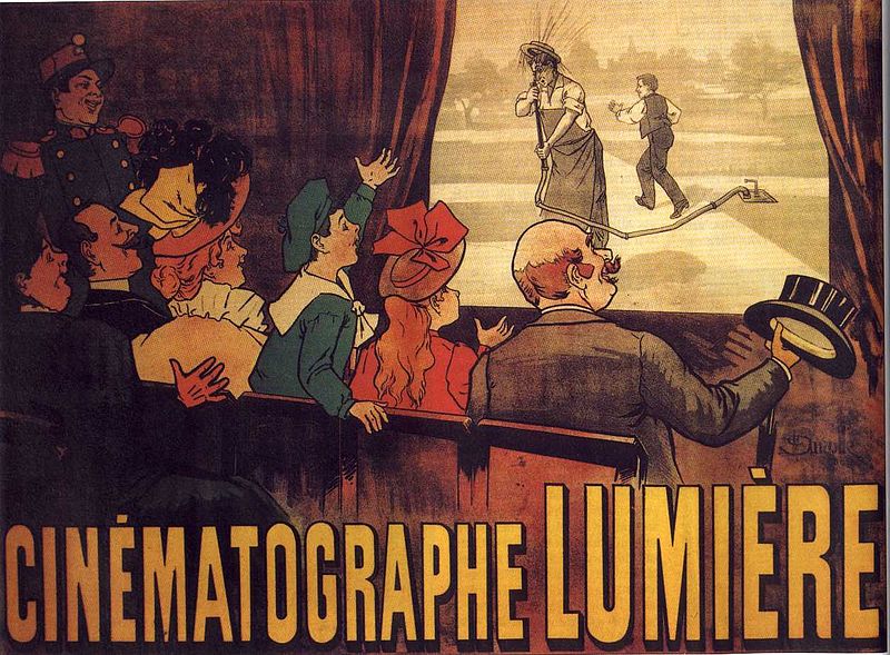 A poster advertising the Lumière brothers cinematographe, showing a famous comedy (L'Arroseur Arrosé, 1895) / Credit: Marcellin Auzolle