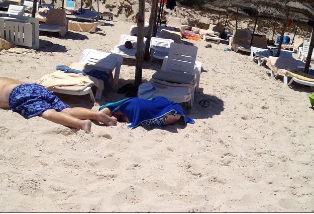 Two bodies on the beach after the attack in Tunisia. Credit unknown.