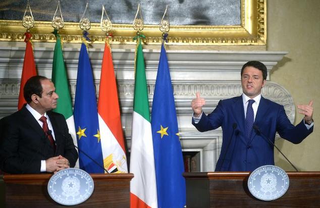 Egyptian President Abdel Fattah al-Sisi (L) and Italian Prime Minister Matteo Renzi speak during a news conference following their meeting at Villa Madama in Rome on November 24, 2014. Credit: Filippo Monteforte/ AFP