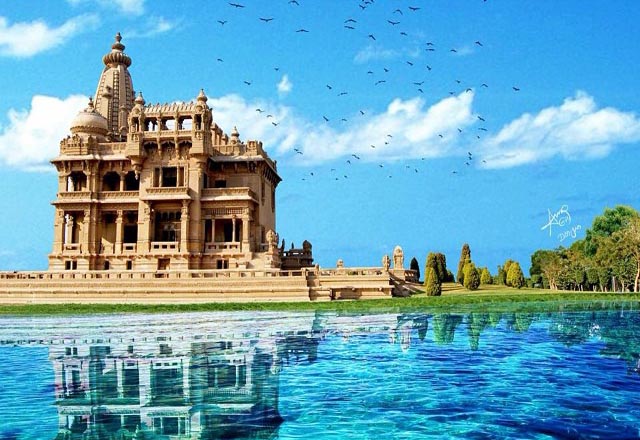 Baron Palace by a lake. Photo manipulation by Amr Eid and logo by Omar Montasser Abou-Omar.