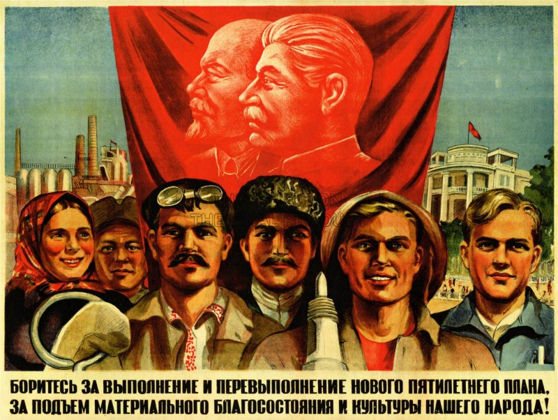 Poster showing Stalin and Lenin on a flag hanging behind working class members