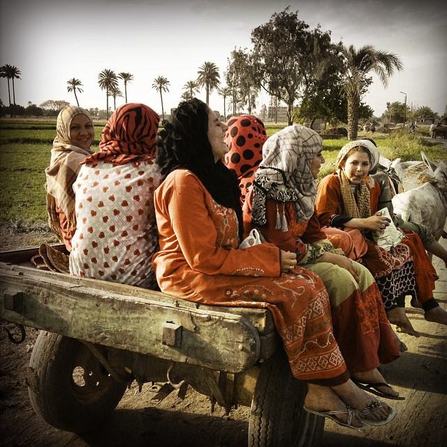 Egyptian women laugh as they ride back home on a donkey cart after a hard days work in the fields in Giza. Photo by Tara Todras-Whitehill