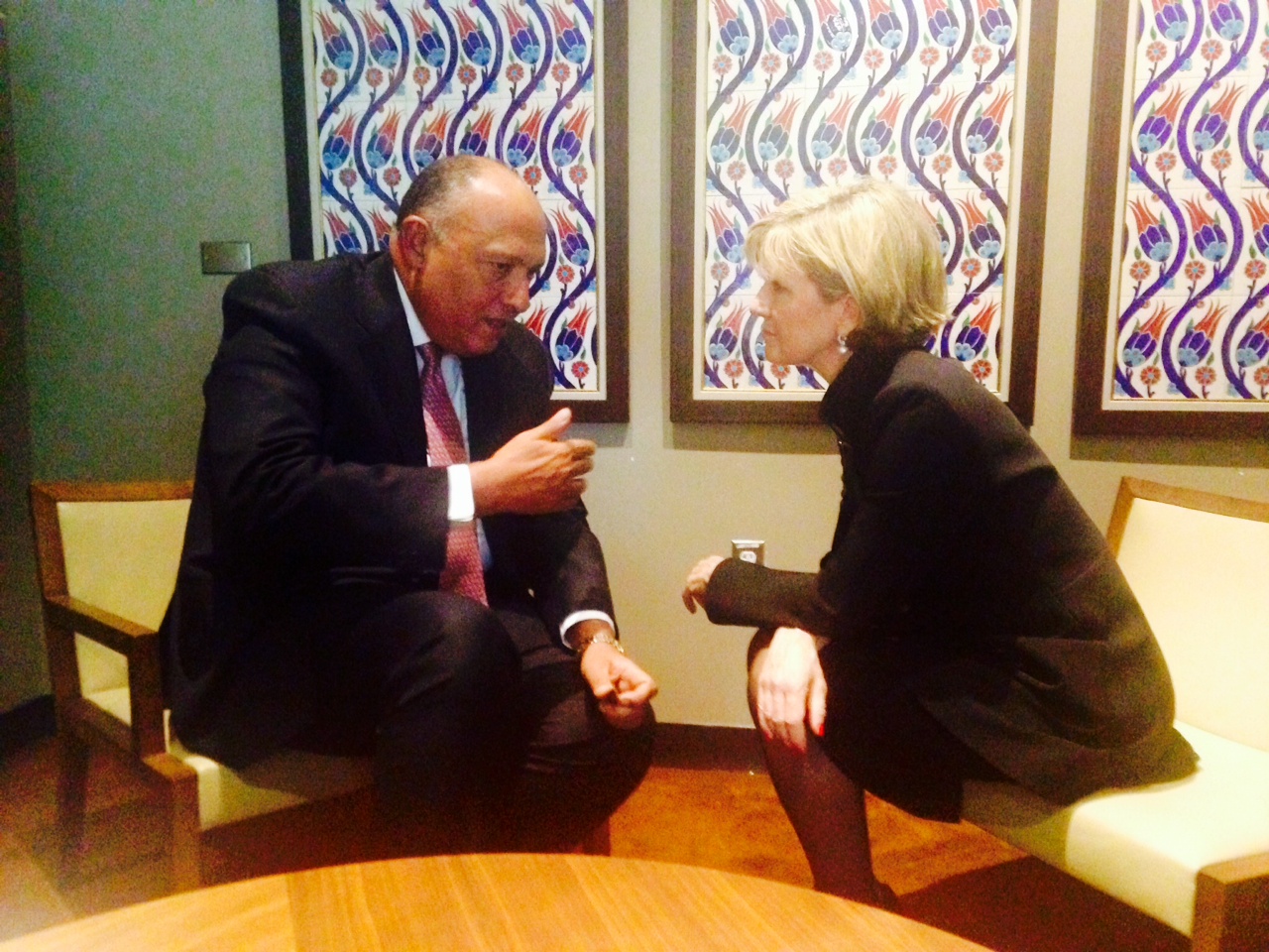 Julie Bishop meets with Egyptian Foreign Minister, Sameh Hassan Shoukry, at the United Nations in New York on 19 September 2014. (Trevor Collens/DFAT)