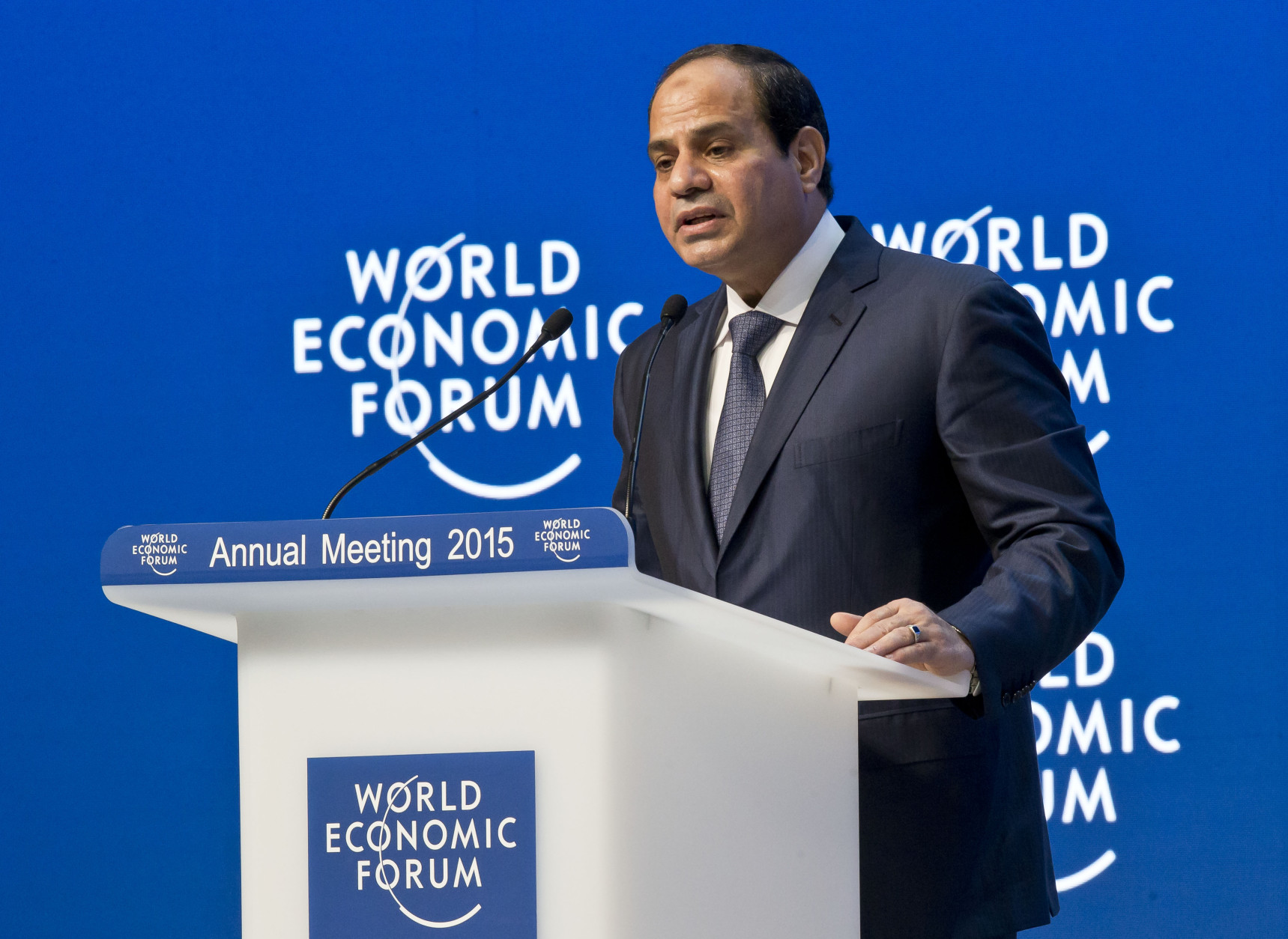 Egyptian President Abdel-Fattah El-Sisi speaking during the panel "Egypt in the World" at the World Economic Forum in Davos, Switzerland, Thursday, Jan. 22, 2015. (AP Photo/Michel Euler)