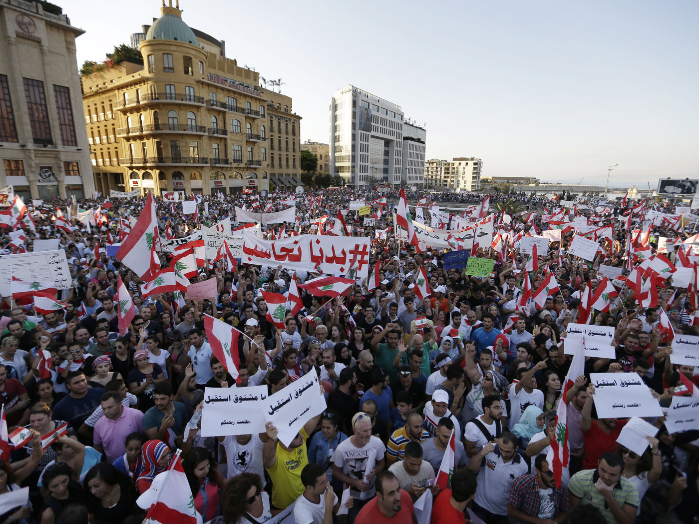 Demonstrators in downtown Beirut, Lebanon, protest the ongoing trash crisis and government corruption, August 29, 2015. PHOTO: Hassan Ammar, AP.