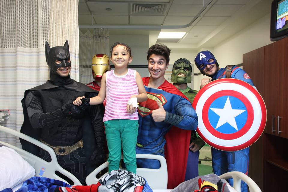 Superheroes during a visit at the 57357 Children's Cancer Hospital in Egypt. Source: 57357 Facebook page