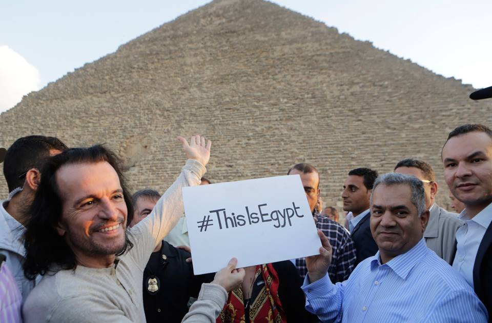 Greek musician Yiannis Hrysomallis, who goes by the stage name Yanni, visits the Giza Pyramids prior the his much anticipated concert on October 30 and 31. Credit: AP