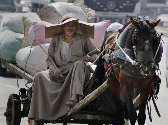 An Egyptian farmer rides his horse cart as he uses a makeshift hat with cardboard to protect his head from direct sunlight on a Cairo street in Egypt on Tuesday, Aug. 11, 2015. Egyptian health authorities said at least 40 people have died in the last two days amid a scorching heat wave hitting the country. (AP Photo/Amr Nabil)