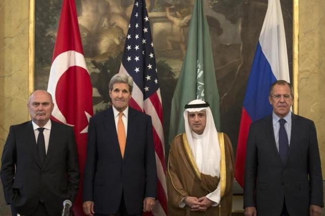 Turkish Foreign Minister Feridun Sinirlioglu (L), U.S. Secretary of State John Kerry (2nd L), Saudi Foreign Minister Adel al-Jubeir (3rd L) and Russian Foreign Minister Sergey Lavrov pose during a photo opportunity before a meeting in Vienna, October 23, 2015. Credit: Carlo Allegri/ Reuters
