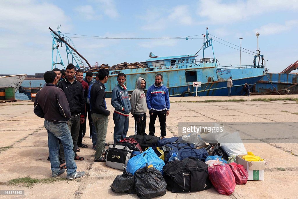 Egyptian fishermen, who had entered the Libyan waters with out permission, gather at the port in the Libyan city of Misrata on April 2, 2015. Photo: Mahmud Turkia, AFP
