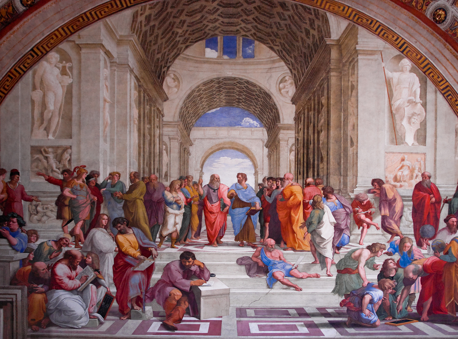 The School of Athens, one of the most famous frescoes by the Italian Renaissance artist Raphael, showing Aristotle and Plato at the center of the piece.