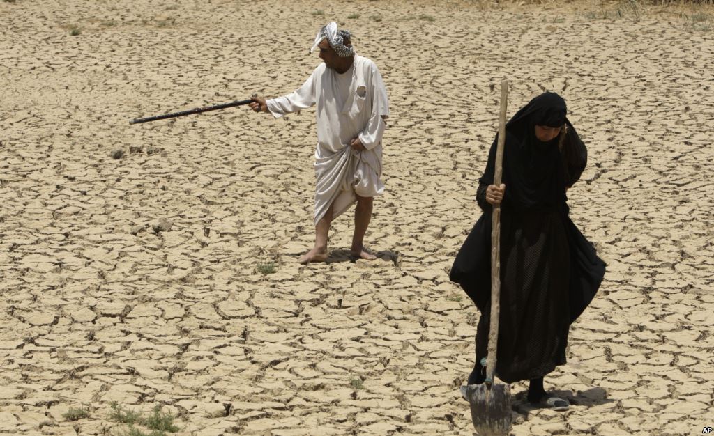 Adilla Finchaan, 50, and her husband, Ashore Mohammed, 60 walk their dried-up farmland in Iraq in this 2009 photograph. Credit: AP