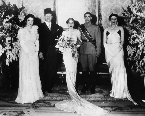 The wedding group after the signing of the marriage contract. Left to right: Queen Farida and King Farouk of Egypt; Princess Fawzia and Crown Prince Mohamed, and Queen Mother Nazli. March 30, 1939 Cairo, Egypt