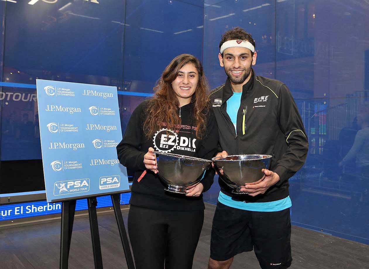 The two champions: Nour El-Sherbini and Mohamed El-Shorbagy