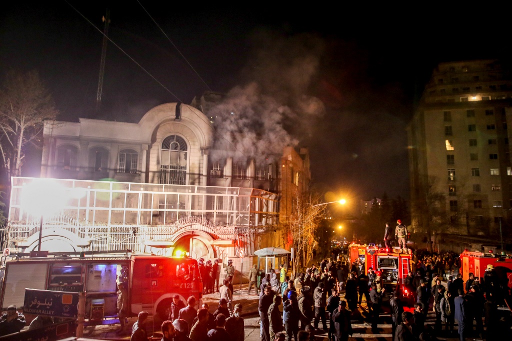 Saudi Arabia's Embassy in Iran after protesters stormed the premises and set it on fire.