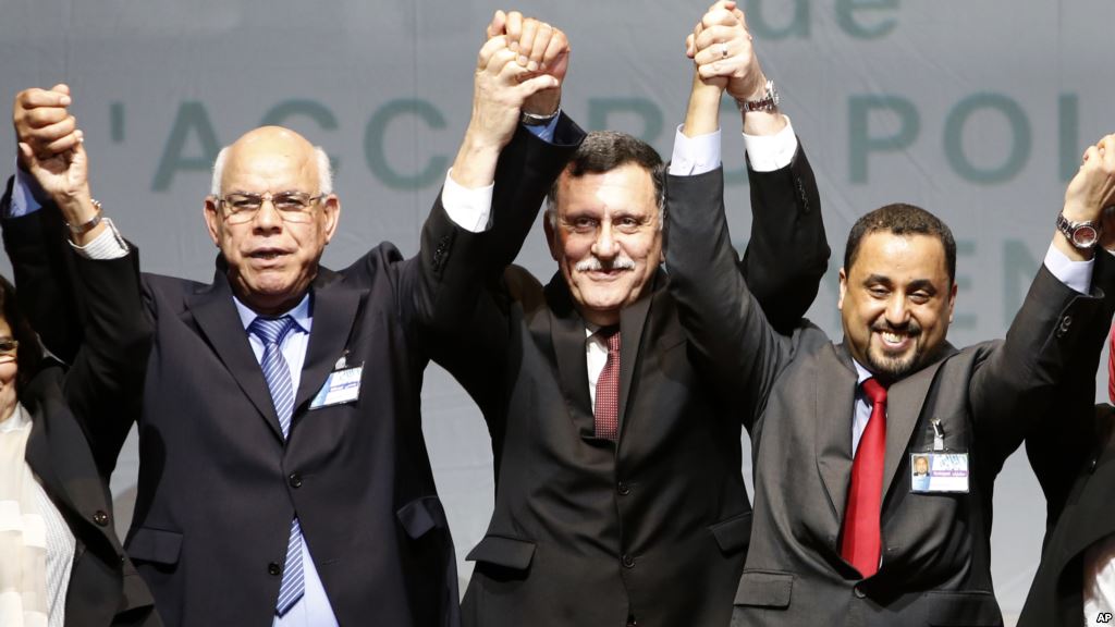 Libyan representatives from rival factions, left to right, Mohammed Chouaib, Fayez Sarraj, and Dr. Saleh Almkhozom. Credit: AP