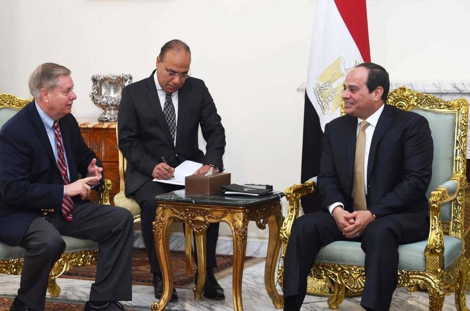 Egyptian President Abdel-Fattah el-Sissi meets with Republican Sen. Lindsey Graham (left) at the office of the presidency in Cairo.