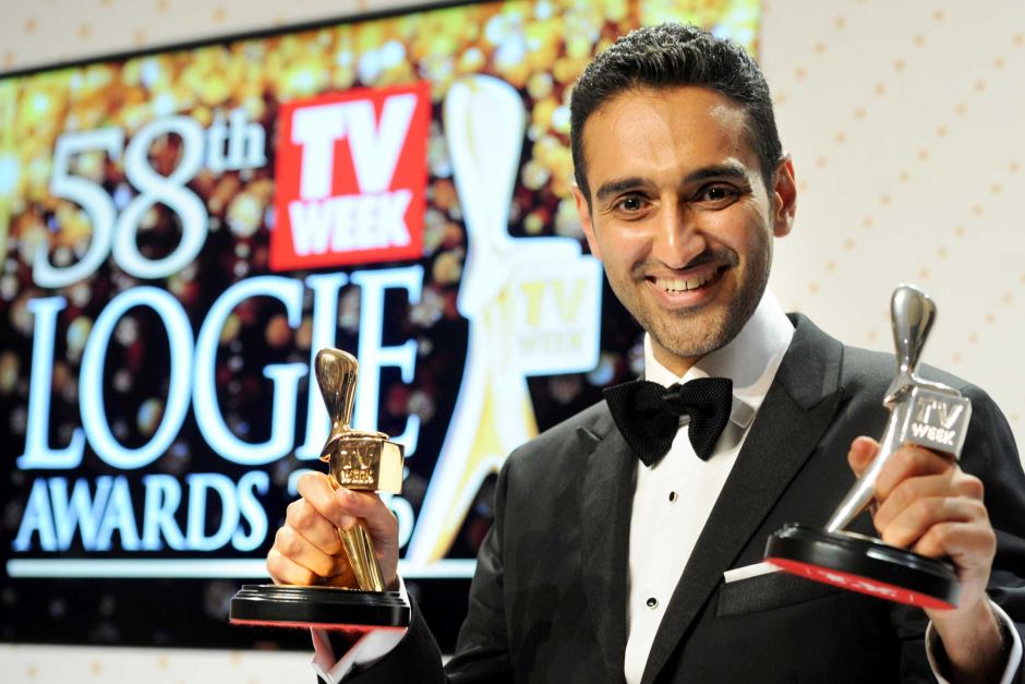 Waleed Aly holds his gold and silver Logies after the 2016 Logie Awards in Melbourne (AAP: Joe Castro)