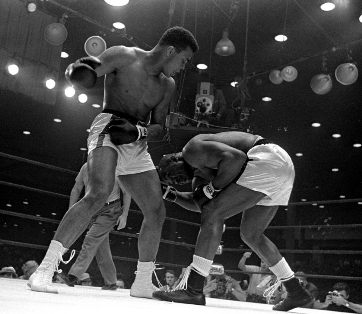 Cassius Clay after landing a combination on Sonny Liston 