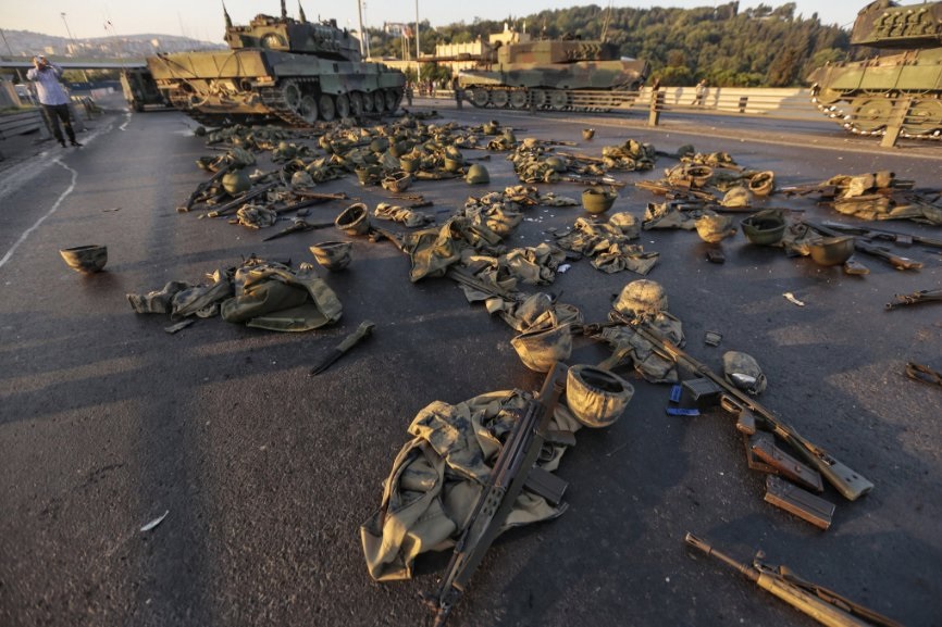 Military clothes and weapons abandoned on the Bosphorus bridge after soldiers surrendered (Getty Images)
