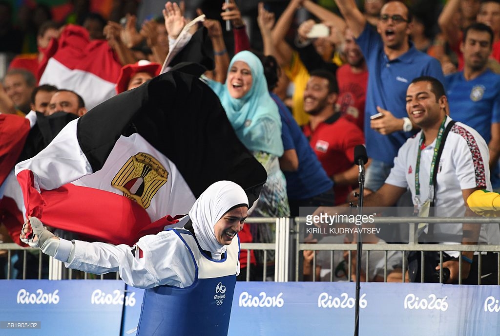 Hedaya Malak celebrates after winning the bronze medal.