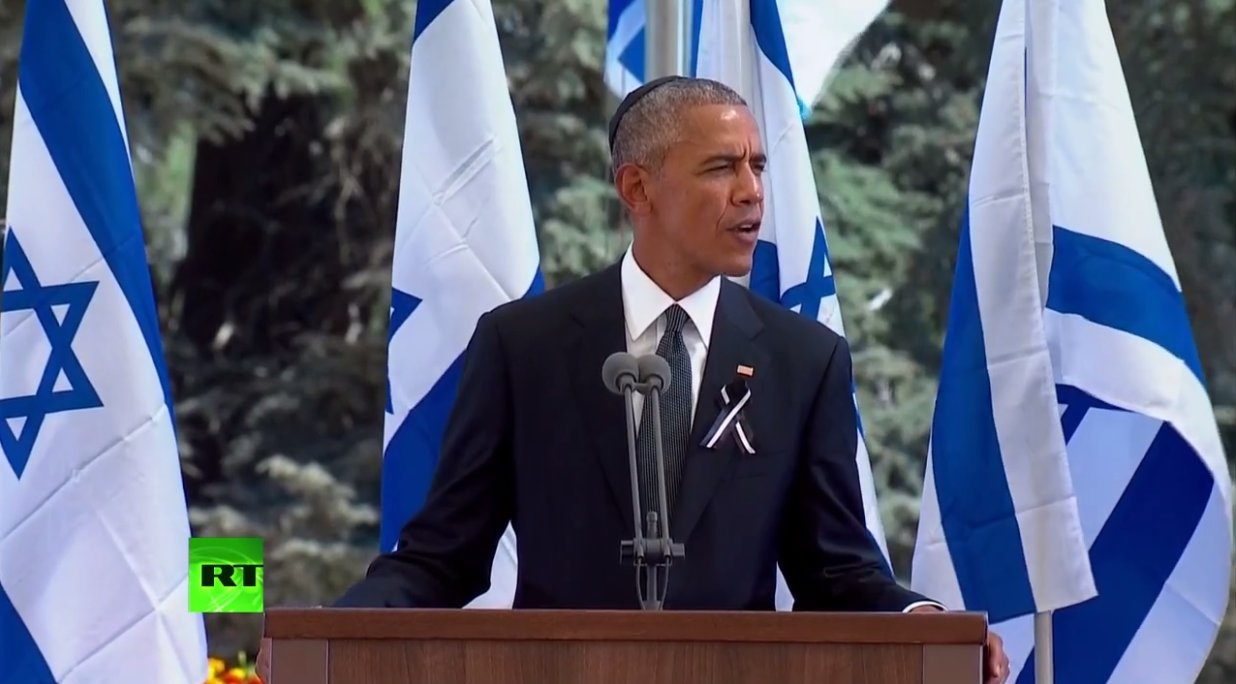 Obama speaking at the funeral of Shimon Peres, former Israeli President (Credit: RT)