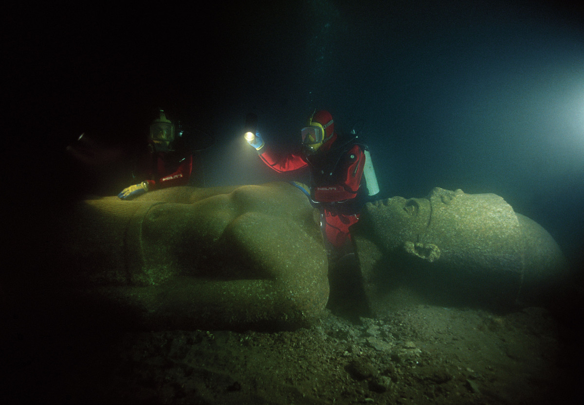 A giant granite statue of a Pharaoh.