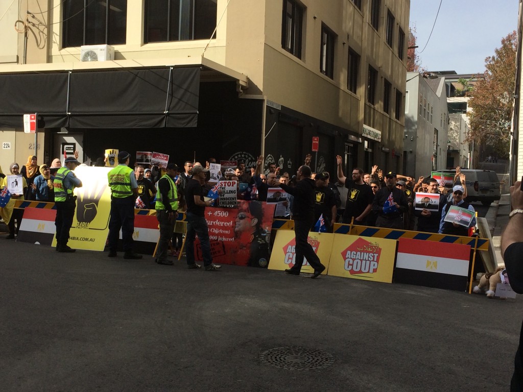 Anti-government protesters outside the consulate in Sydney. Credit: Anthony Hanna